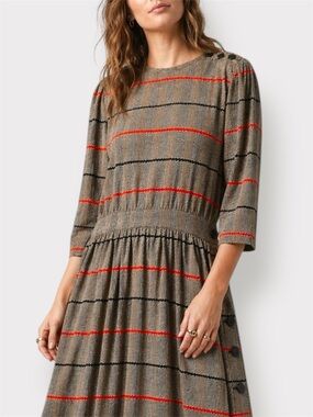 Vintage Albert Nipon Striped Midi Tan Navy Red “Executive Dress” Button Detail